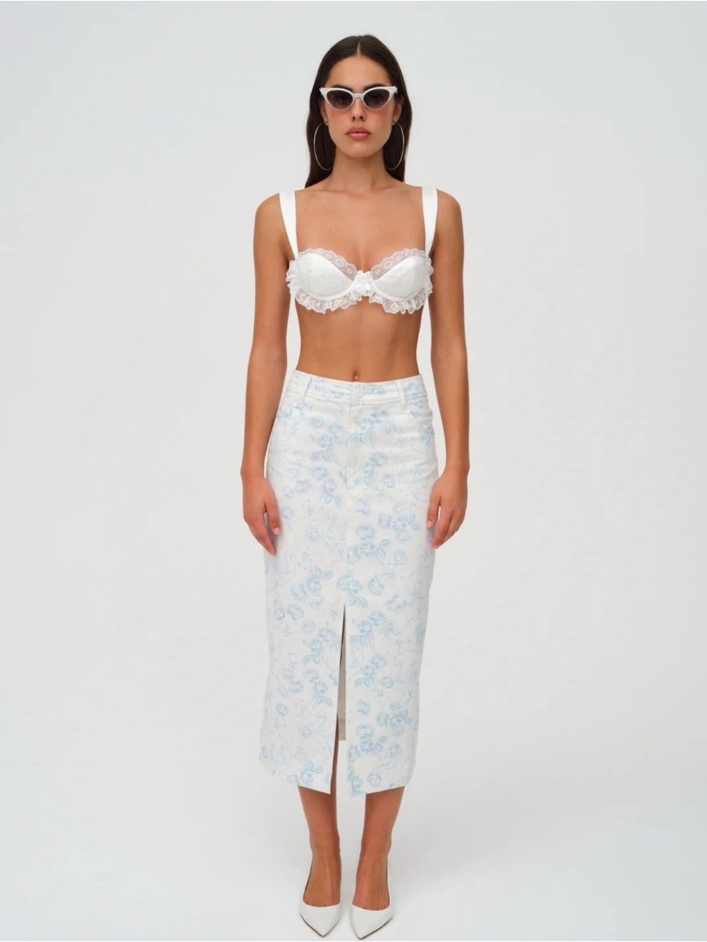 For Love & Lemons White Midi Skirt with Light Blue Floral Print